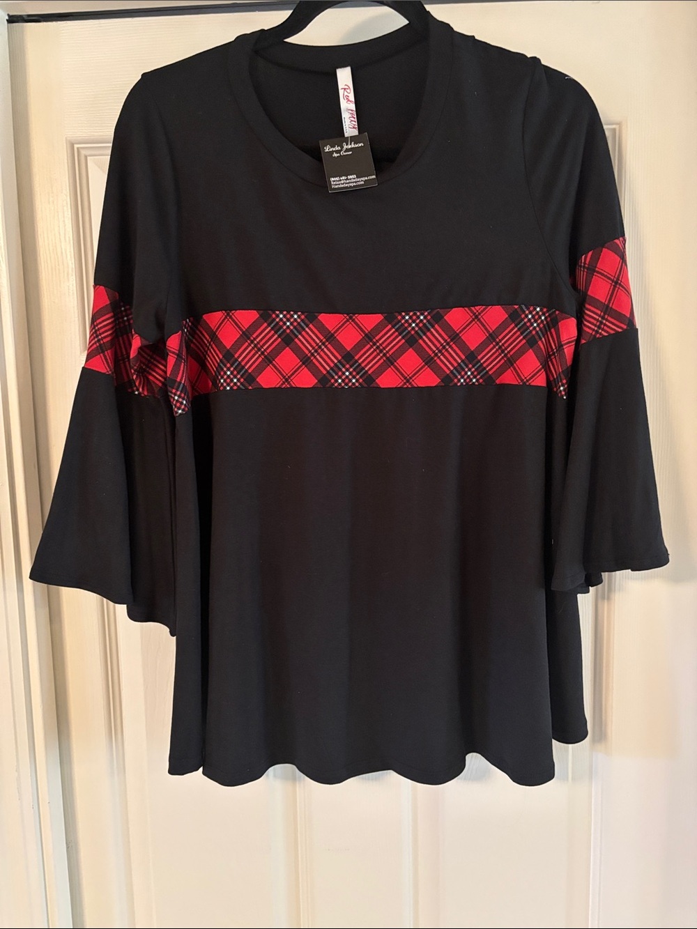 Red Poppy Vibrant Red Plaid Band Black Women's Top -